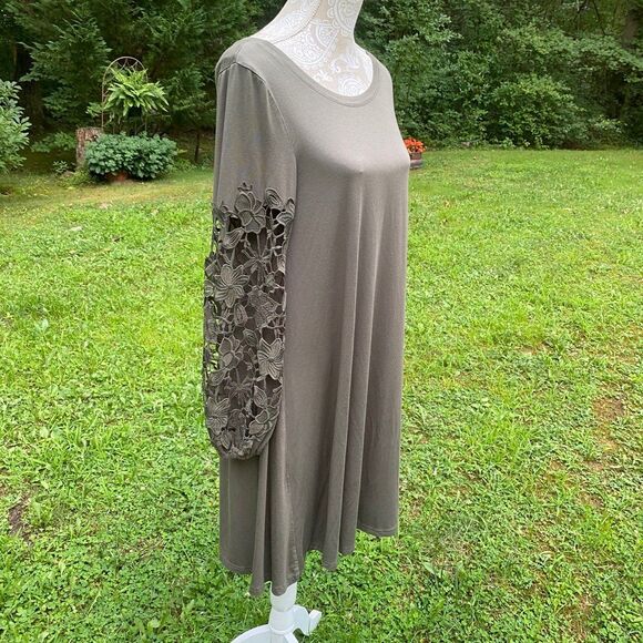 Spense Army Green Embroidered Cutwork Lace Sleeve Trapeze Dress Size L - Picture 2 of 9